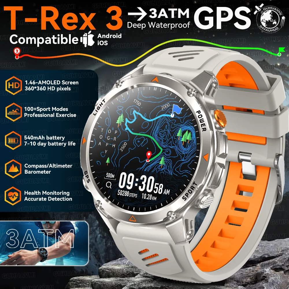 

2025Новинка T-Rex 3 Спортивные умные часы с GPS на открытом воздухе RIDE Run Swim GPS трекер компас альтиметр 3ATM и IP69K умные часы с беспроводным вызовом для мужчин