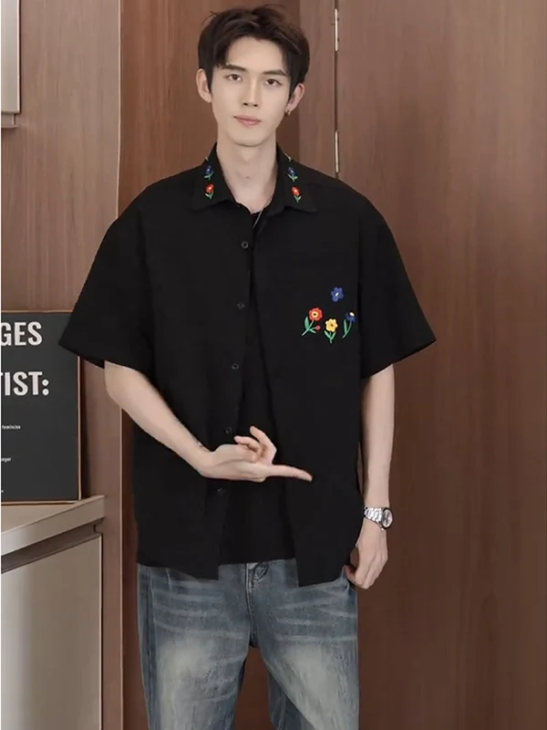

Black Floral Embroidery Short Sleeve Shirt Men's Summer Cleanfit Outerwear Premium Feeling Cool Waffle Patterned Button up