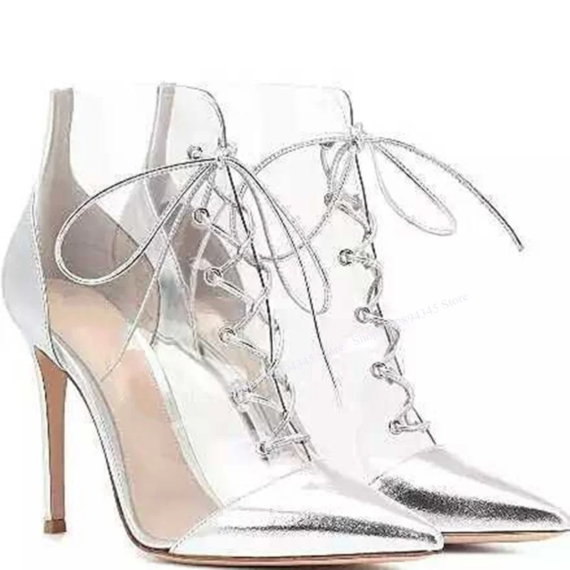 Clear PVC Lace Up Pointed Toe Pumps Thin High Heel Cool Fashionable Sexy Summer Casual Big Size Woman Shoes Zapatillas Mujer