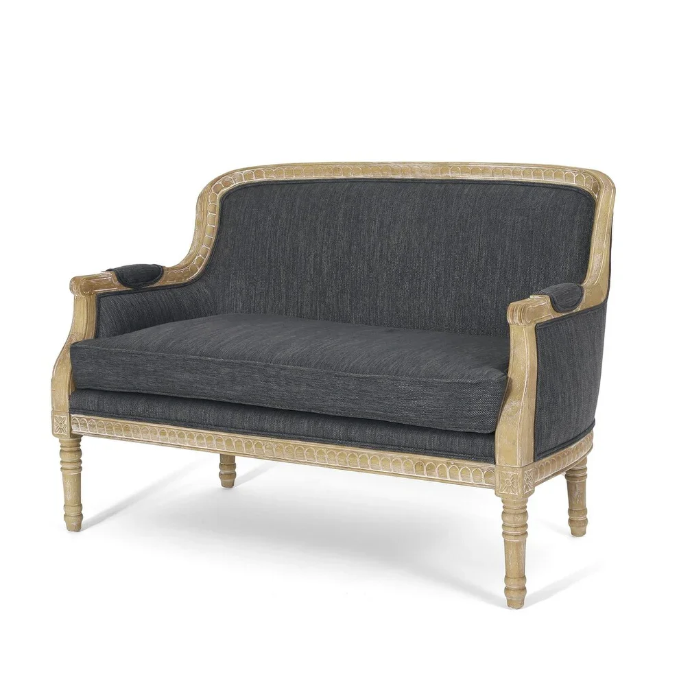 Solid wood double sofa with hand-carved frame, linen upholstered sofa, suitable for living room, can accommodate 2 people.