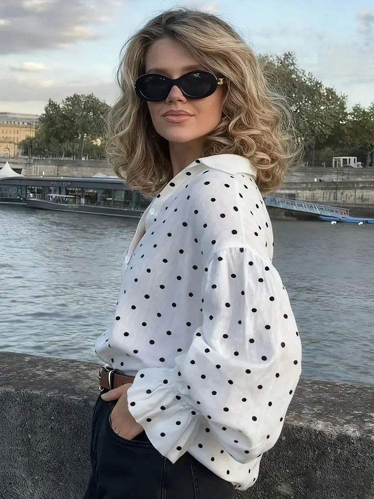 Nuove camicie da donna oversize con polsino a balze a pois neri retrò camicetta elegante primavera autunno coreano popolare top abbigliamento femminile