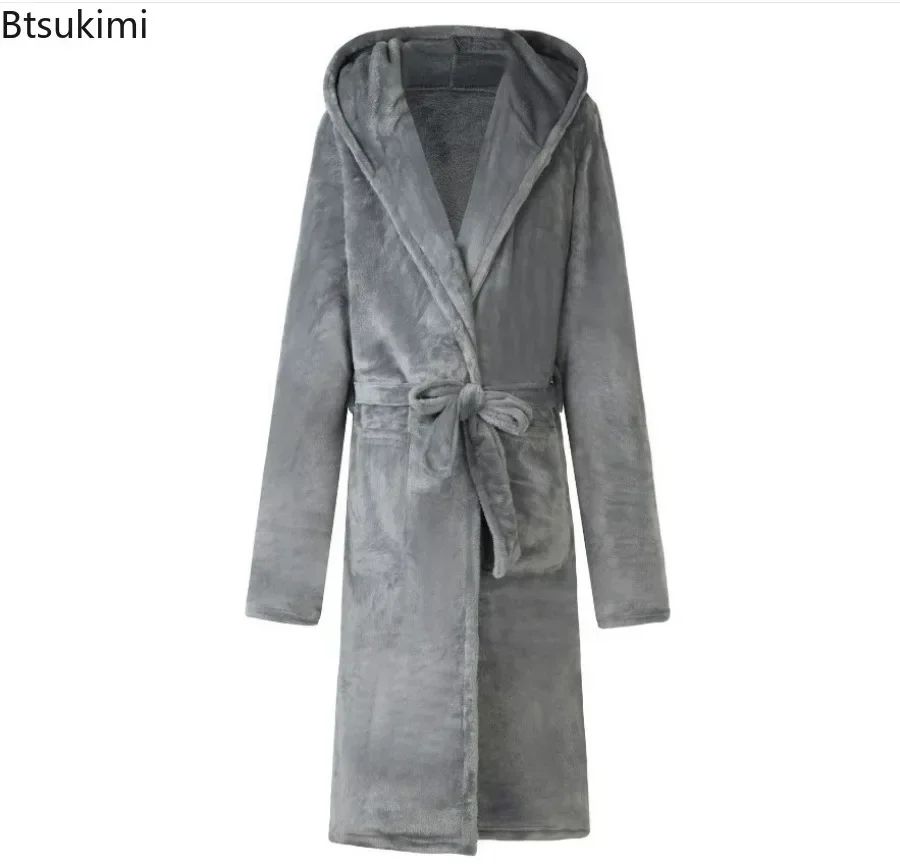 2024 Men\'s Warm Flannel Bathrobe Winter Casual Robes Sleepwear Long Sleeve Plush Shawl Male Bath Robe Lounge Nightgown Homewear