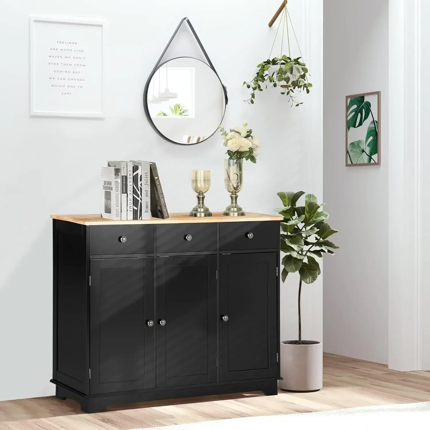 Sideboard with Solid Wood Countertop, Modern Kitchen Storage Cabinet, Coffee Bar Cabinet with 3 Drawers, Doors and Adjustable Sh