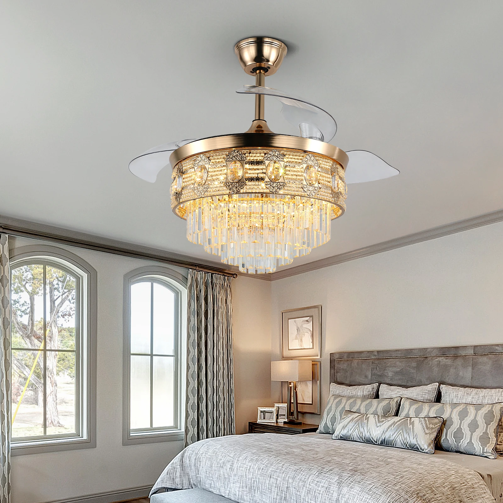 Modern Smart Ceiling Fan Chandelier Gold RC Adjustable 6 Speed Pendant Light Luminaire Bedroom 3 Heads Led Fandelier Lamp Indoor