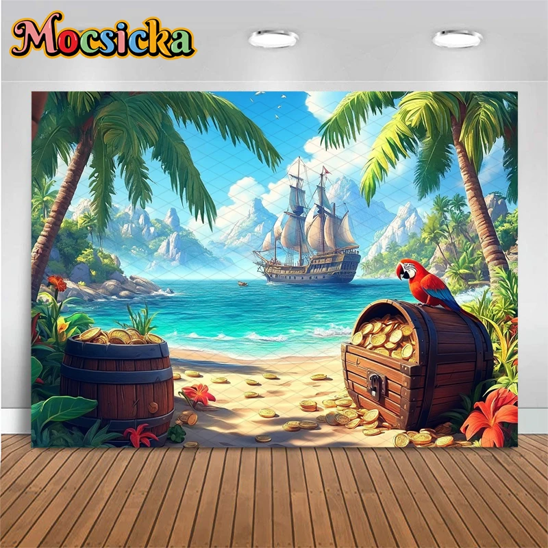 Mocsicka Summer Photography Backdrop Party Portrait Shooting Background Ocean Beach Parrot Pirate Ship Decor Photo Studio Banner