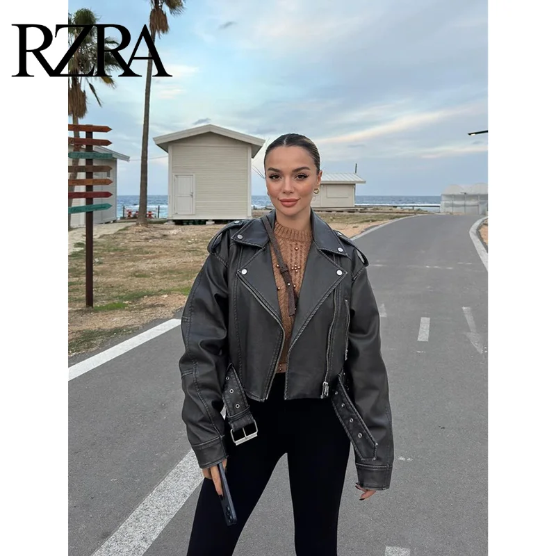 

RZRA Autumn Leather Jacket 2024 Motorcycle Style Lapel Long Sleeves with Belt Zipper Faux Leather Jacket Outerwear Women