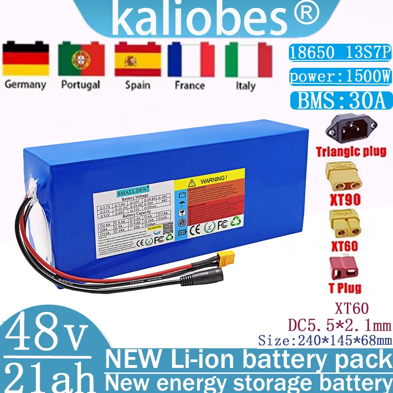 New 48V 21A 18650 lithium battery pack 13S7P, built-in 30A balanced BMS 0-1500W high-power electric tool, backup battery