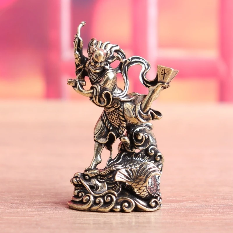 Vintage Brass Kuixing Figurine, Traditional Chinese Myth Character Statue On Dragon Fish Base, Desktop Tea Pet Ornament
