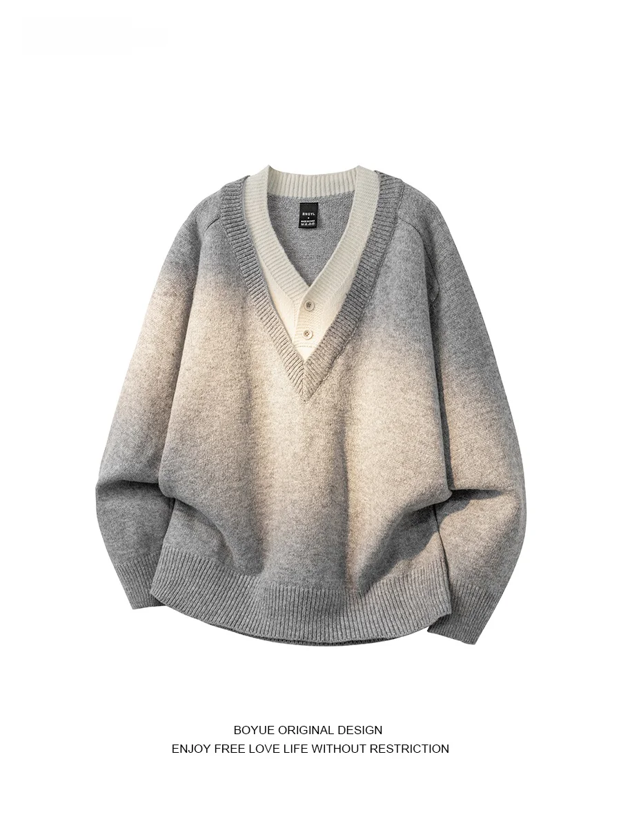 

BOYUE Commuter Sle V-Ne Knitted Sweater Casual Loose Fit Fake Two-Piece Design Men's Women's Faion Winter Warm Pure Color