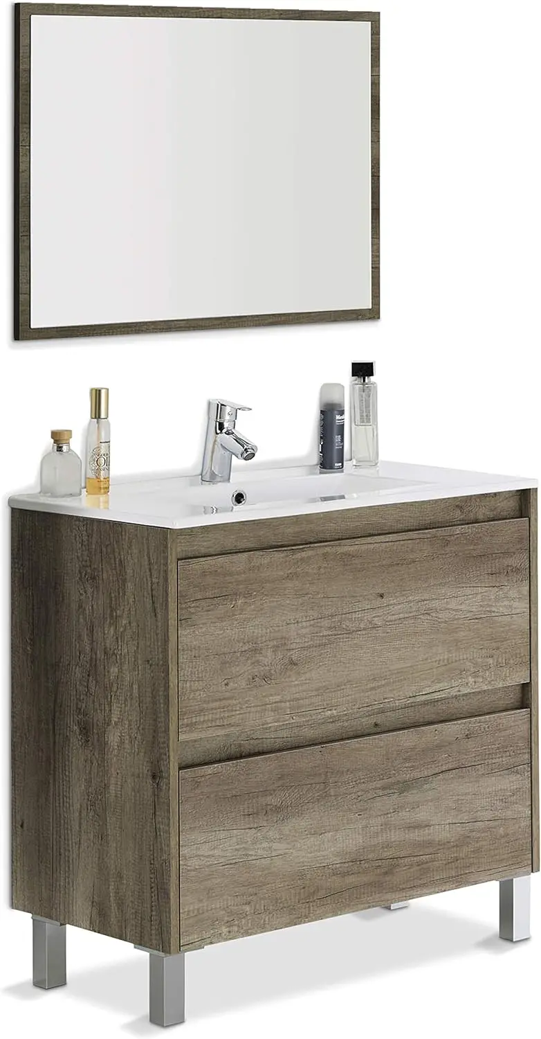 305040H - Mueble de Baño Dakota con Dos Cajones y Espejo, 80 X 80 X 45 cm, Color Nordik