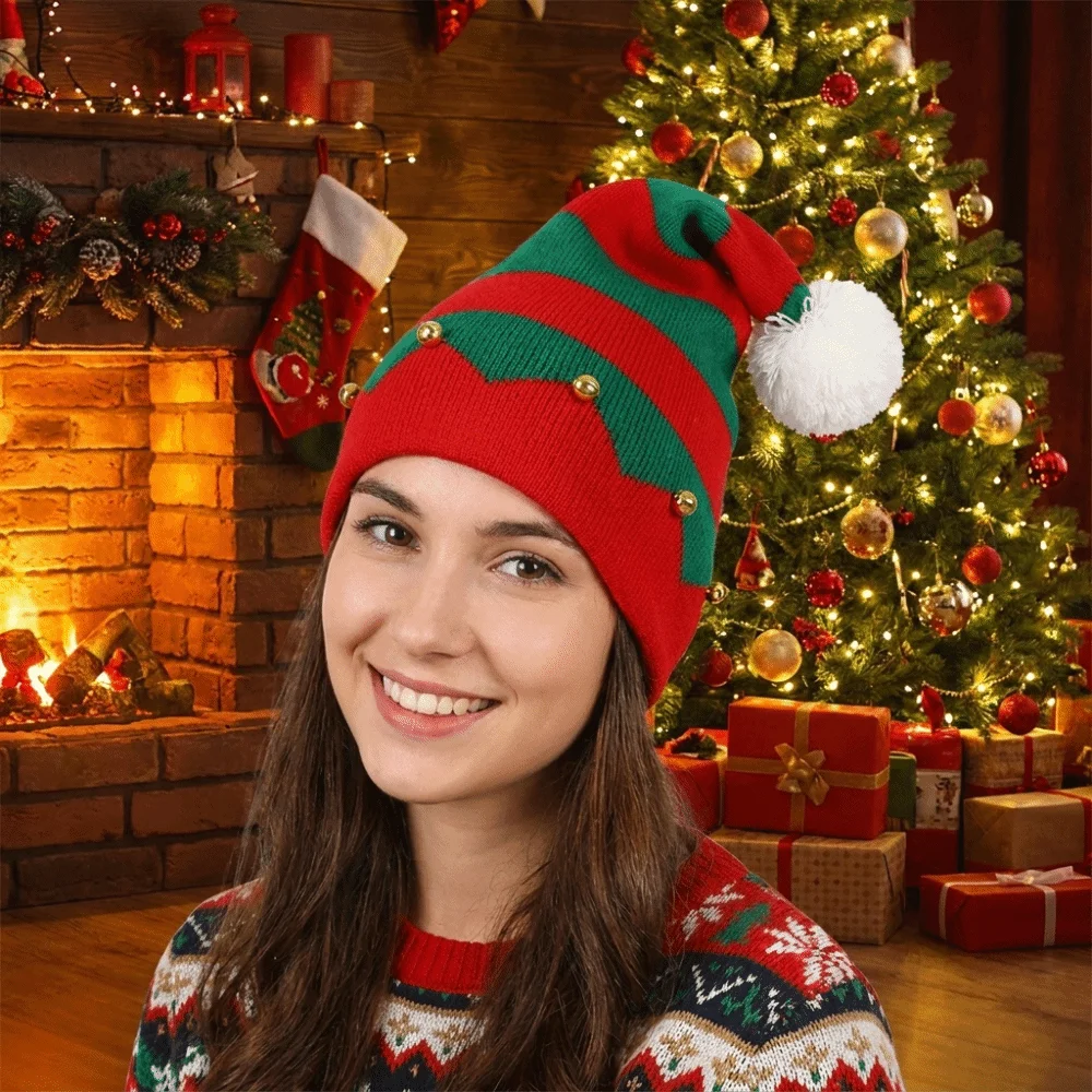 Geschenk Frohe Weihnachten Mütze Weihnachts-Strickmütze Warme Grün-Rote Santa-Mütze Plüschball Koreanischer Stil Wollmütze Frohes Neues Jahr – Detail 8