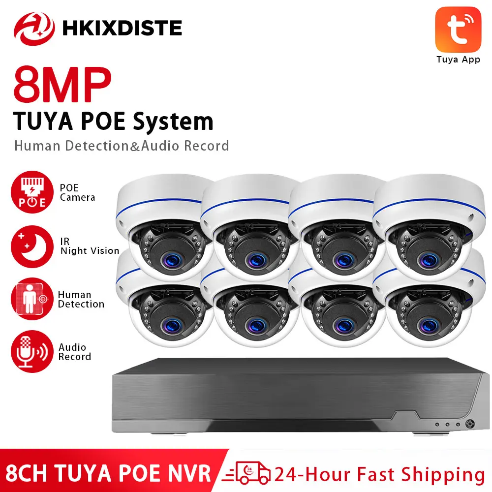8MP 4K 8CH Tuya PoE Security Camera System Dome Cameras NVR Kit Human Detection Audio Record IR Night Vision CCTV Surveillance