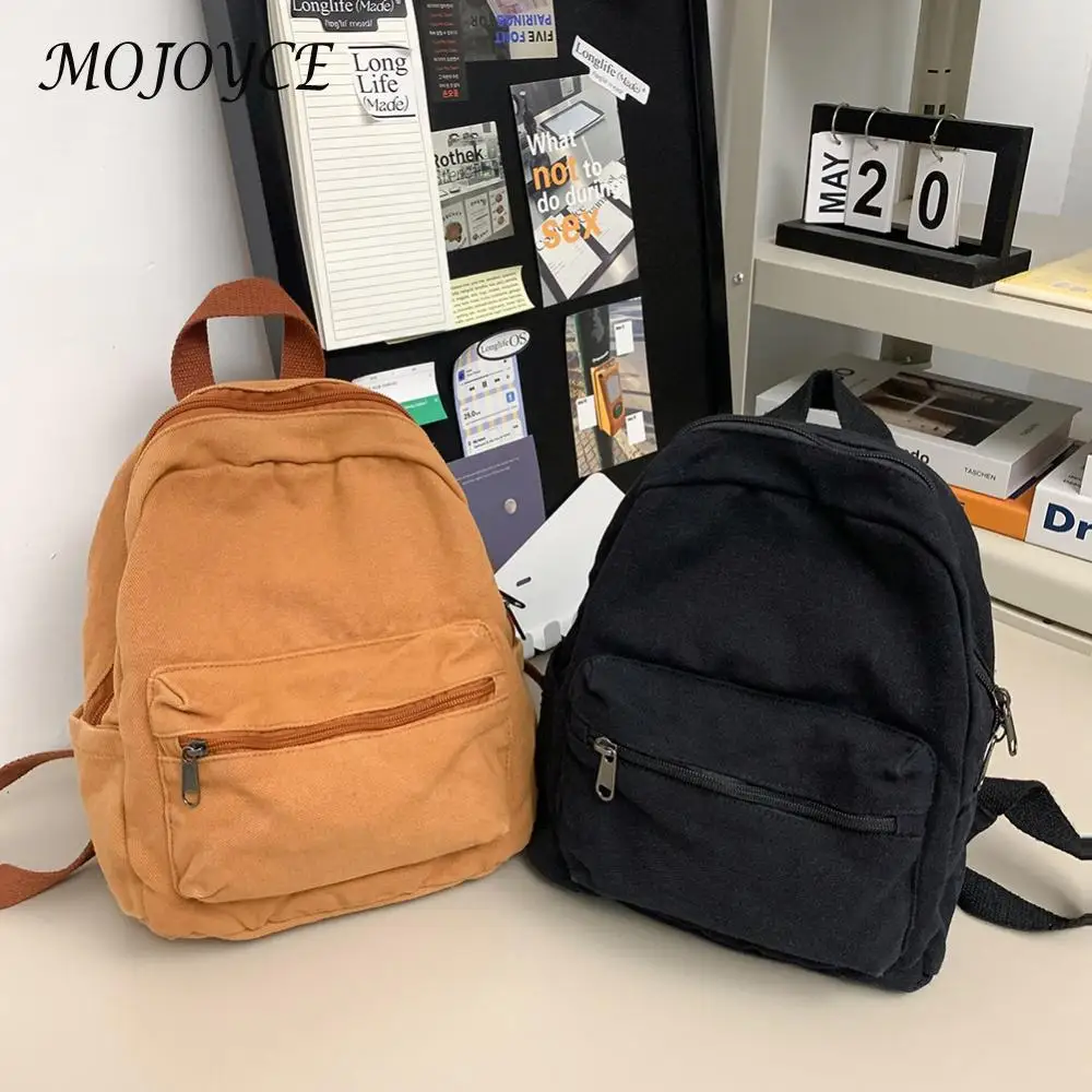 Mini Backpack for Women Solid Color School Bag Canvas Vintage Knapsack Casual Travel Bag