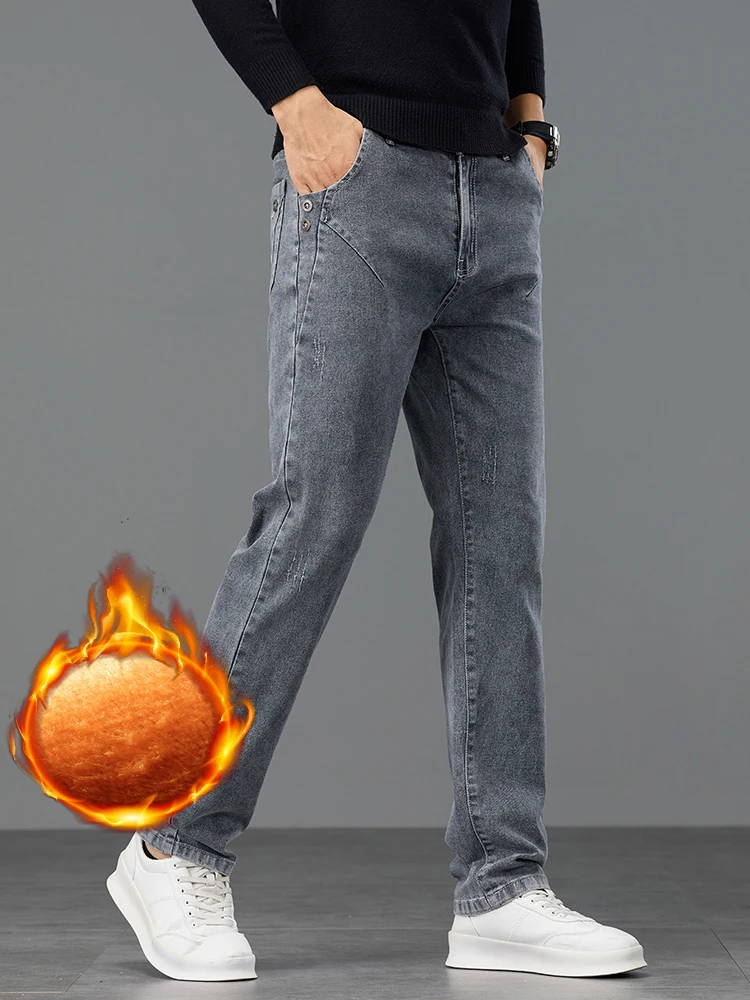 厚手暖かいスリムフリースジーンズメンズ冬新作ビジネスストレッチベルベットパンツ韓国風グレープラッシュデニムパンツ男性用