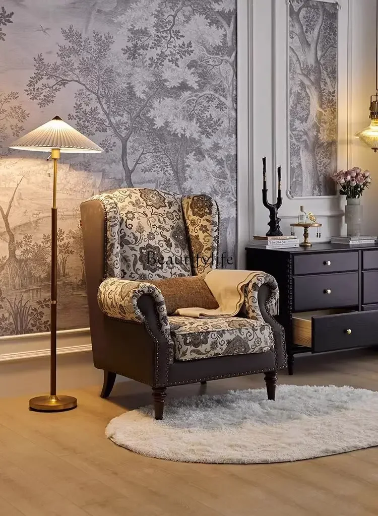 LD6American Retro Wingback كرسي غرفة معيشة فردية أريكة قماش خشب متين أريكة غرفة النوم
