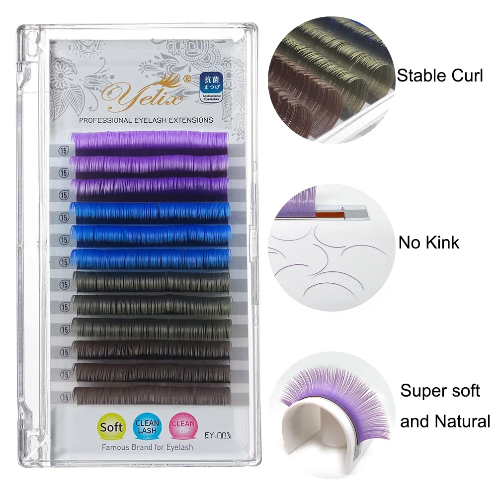 Yelix Ellipse Flat Lashes Extensions Color Lash Purple Blue Brown Green Eyelash Extensions Individual False Colored Mink Lashes