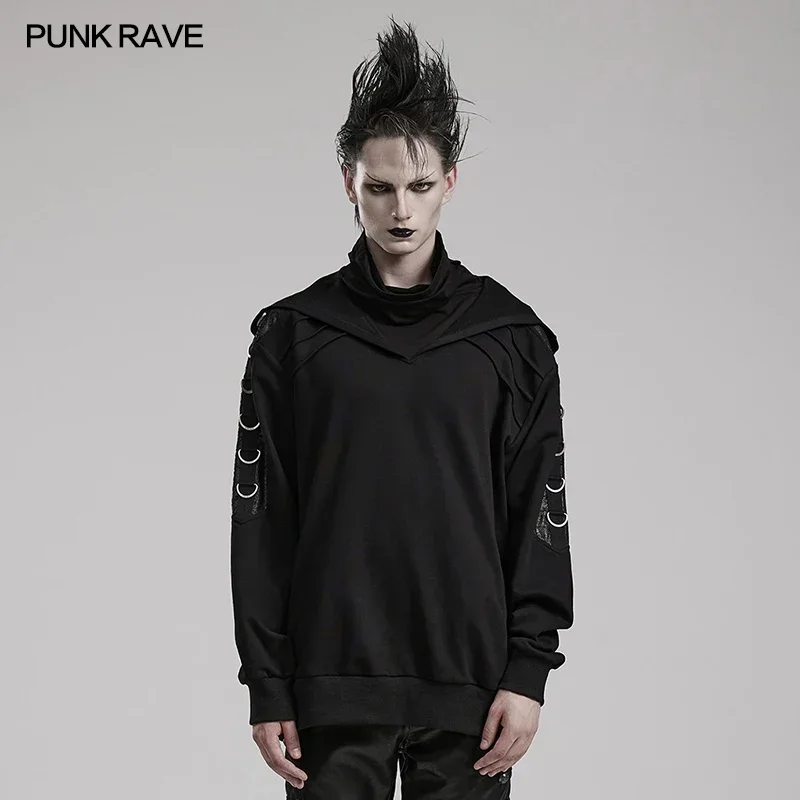 

PUNK RAVE Men's Punk Distinctive Loose Sweater High Extension Collar Cool Casual Tops Streetwear Black Hoodies Autumn/Winter