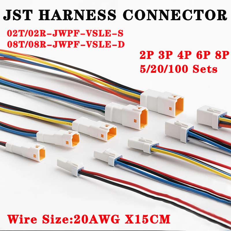 Juego de 5/20/100 Conectores Impermeables JST 02t/02r/03t/03r de 2p/3p/4p/6p/8p con Cable de 20awg/0.5m² Serie JWPF