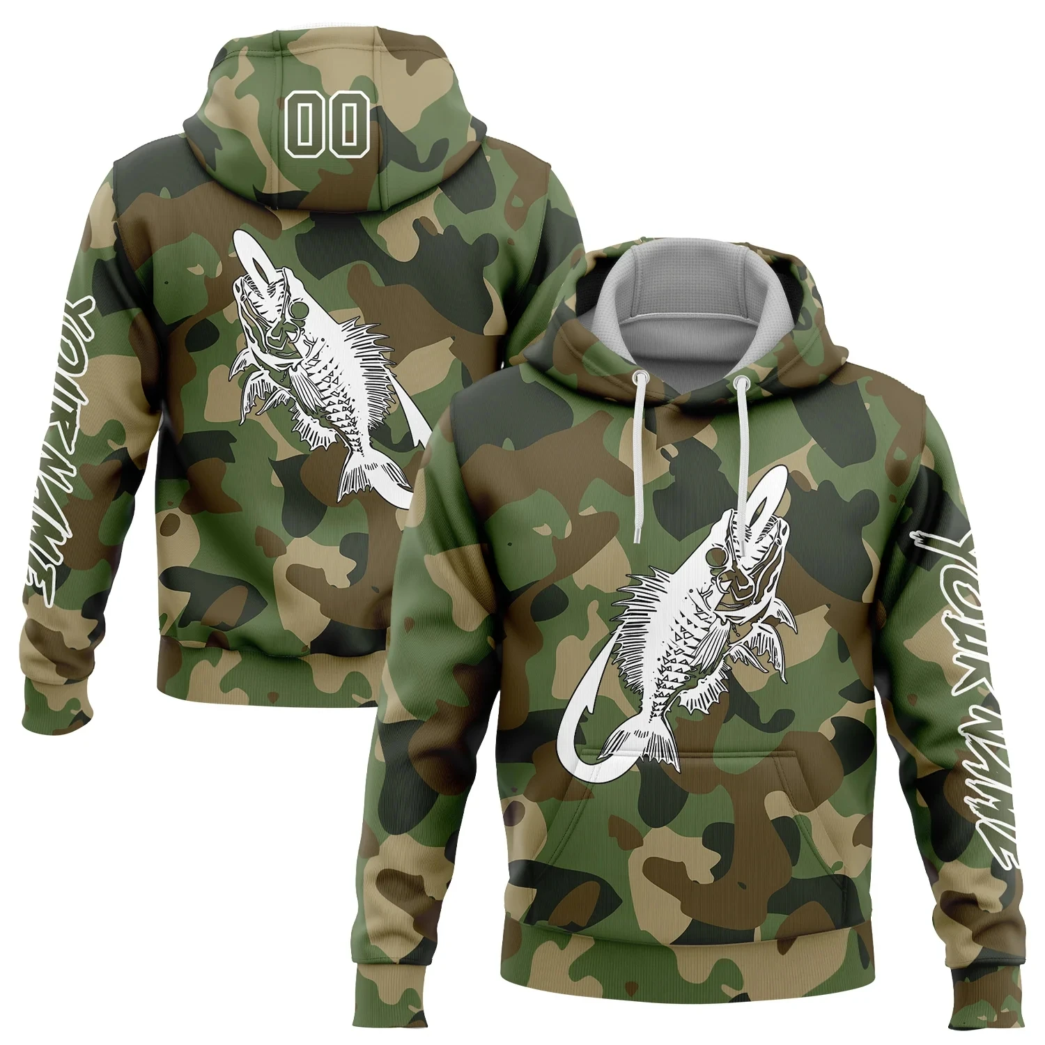 Custom Name Number Hoodies Camo Olive-White 3D Fish Hook Skull Fishing Sports Pullover Sweatshirt Salute To Service Hoodie