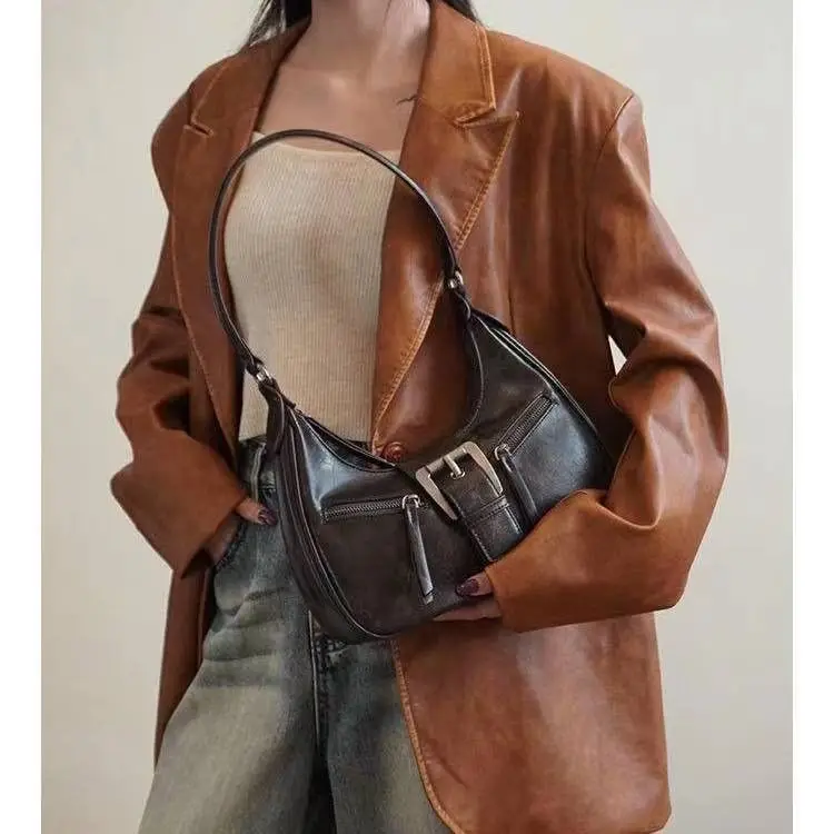 JIAERDI-Bolso Hobos marrón Vintage para mujer, bandolera de cuero con cremallera, informal, Retro