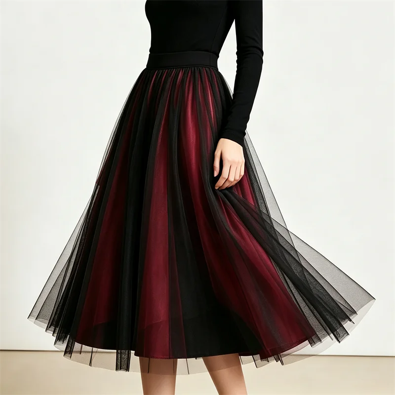 Women Gothic Multi-layer Tulle Midi Skirt High Waist A-line Mesh Swing Skirt Vintage Black Red Tutu Skirt Evening Party Skirt