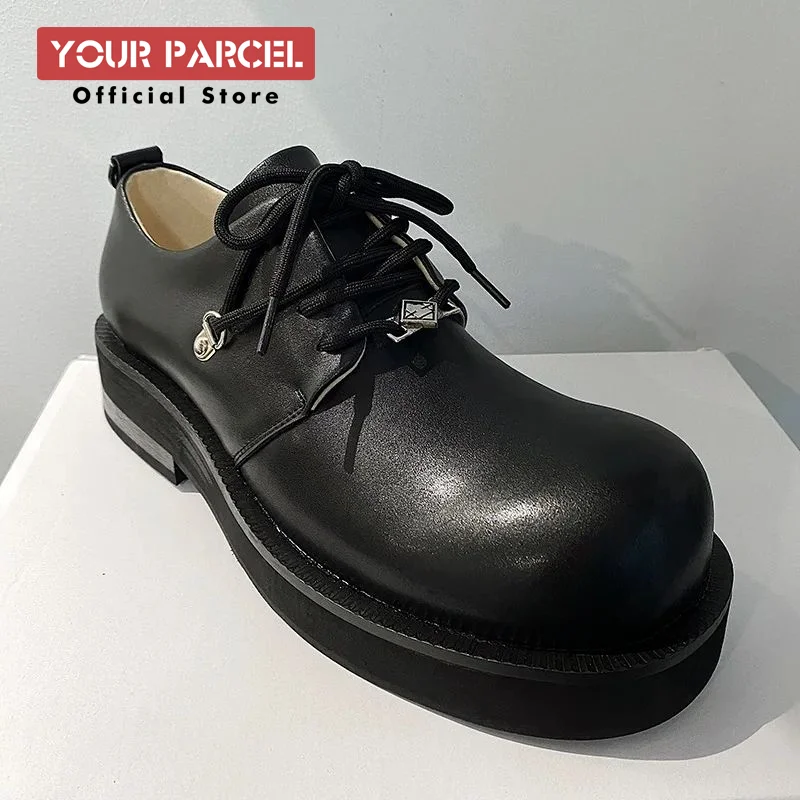 Zapatos informales de cuero para hombre y mujer, suelas gruesas, versión coreana, hebilla de hierro, Derbies, Punta Grande, tendencia cleanfit, negro elevado