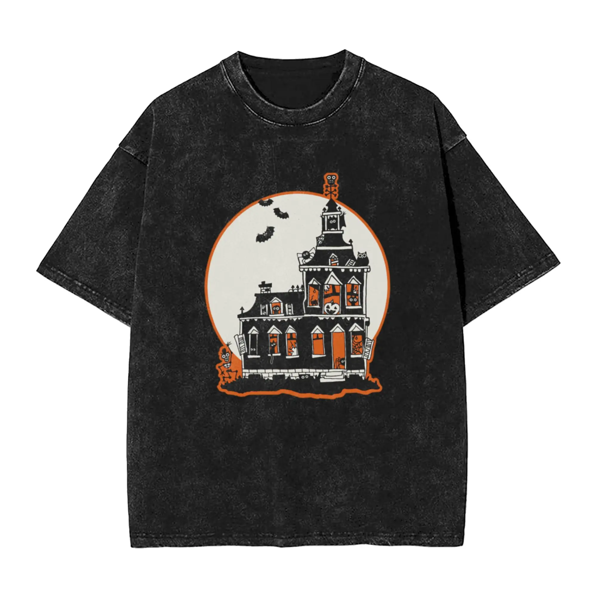 Vintage Style Haunted House - Happy Halloween  Unique Trendy A Washed T Shirt Men's Women's Oversized Cotton Tees Tops