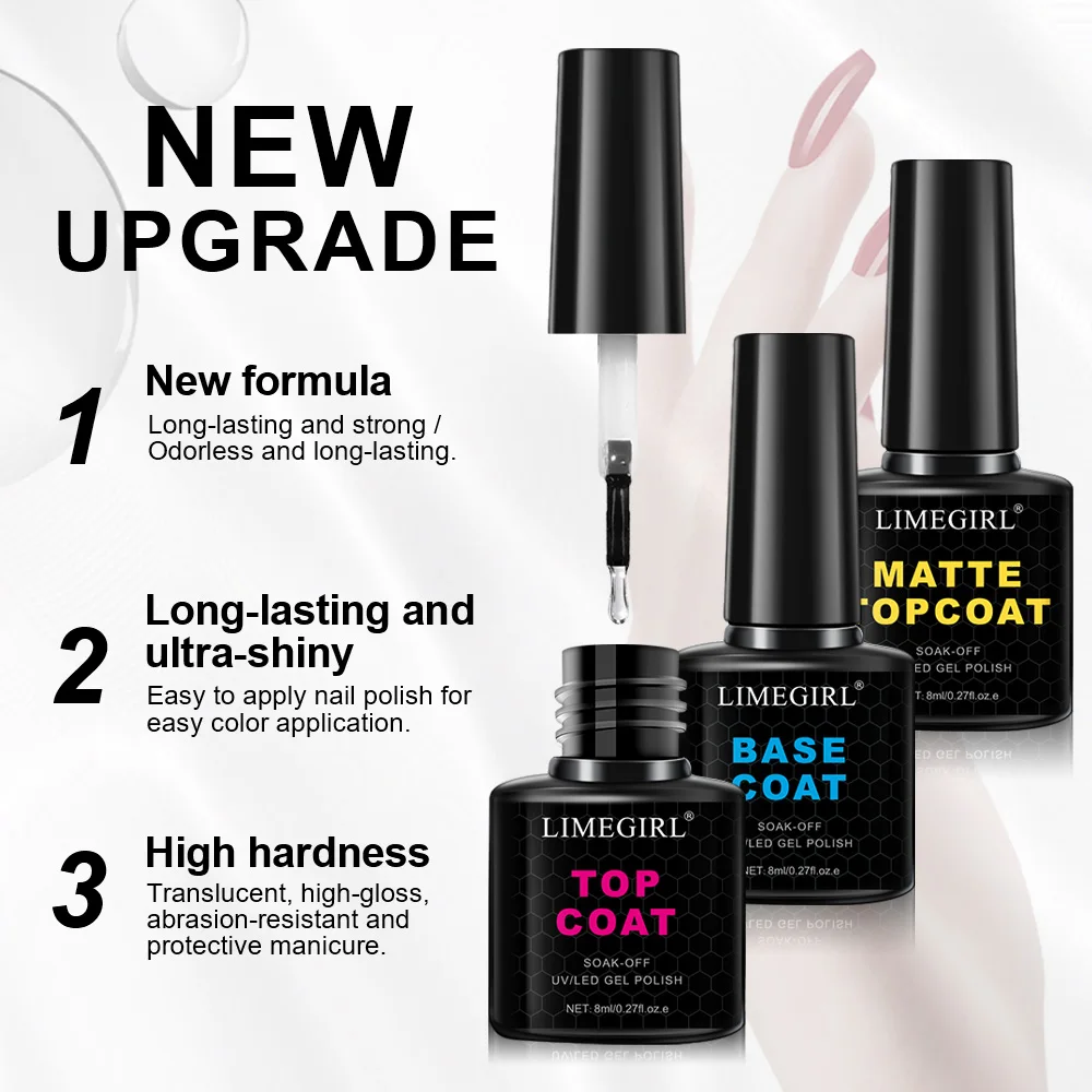LIMEGIRL 8ML No Wipe Gel Top Coat Base Coat and Matte Top Coat Kit Shine Finish and Long for Nails Art Manicure Design Supplies