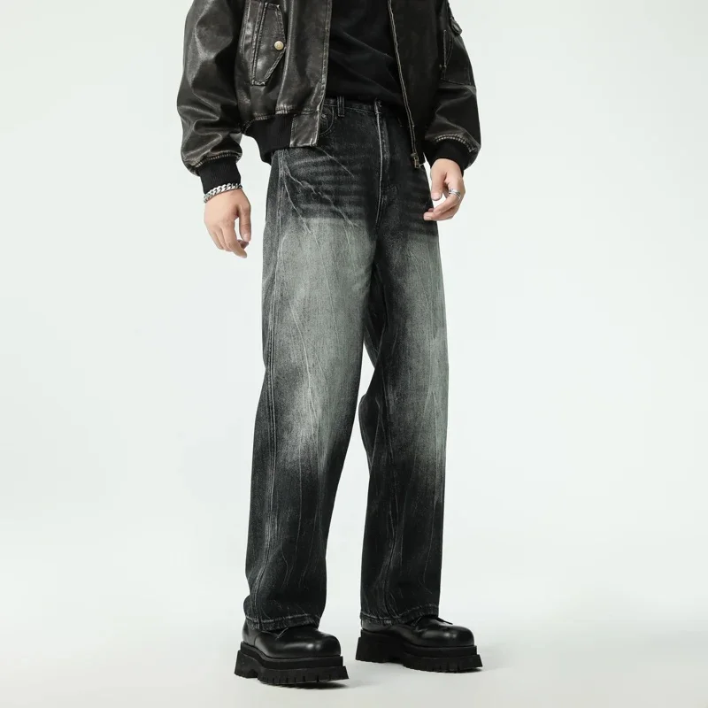 American high street handsome gradient washed men's jeans influx of loose casual pants black and gray do old wide-legged