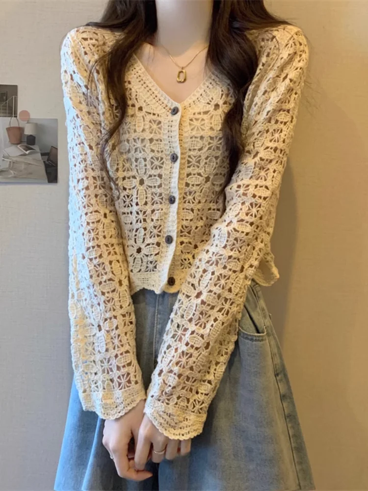 Cardigan fin brodé à crochet pour femmes, ajouré, coréen, v-ne, Long, coupe ample, manteau en Fiber de Polyester