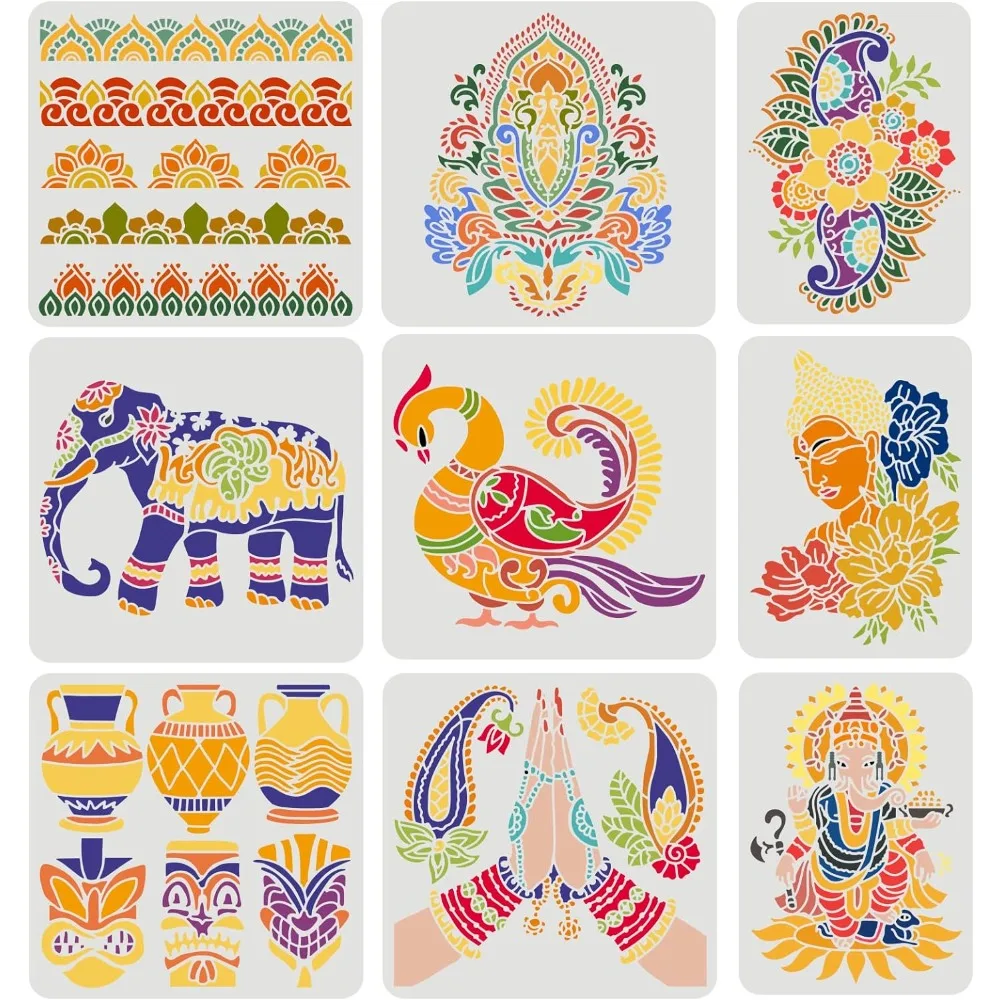 

9PCS Indian Theme Stencil 2 Size Elephant God Buddha Vase Flowers Peacock Stencils DIY Henna Buddha Stencil Reusable Plastic