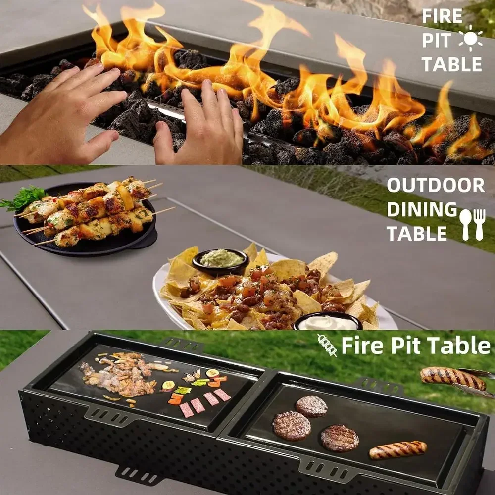 42 Inch Outdoor Propane Fire Pit Table with Hidden Tank, Griddle, Wind Guard, CSA Certified, Grey