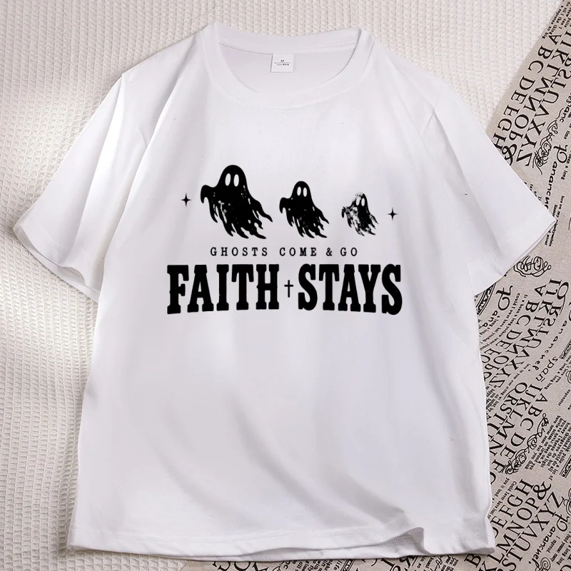 Christian Halloween T-shirt Faith Stays Ghost Design T Shirt Men Women Religious Fall Cotton Short Sleeve Tshirts Streetwear