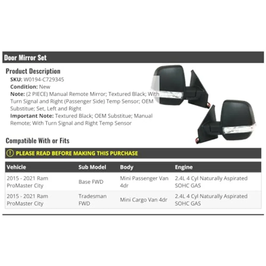 مجموعة مرآة جانبية للباب مكونة من 2 جهاز تحكم يدوي أسود مزخرف مع إشارة الانعطاف ومستشعر درجة الحرارة اليمنى لـ 20152021 Ram ProMaster City V