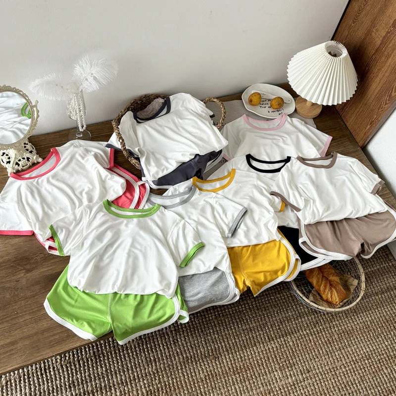 

Print T-shirt Solid Shorts Girls Boys 2pc/set Summer Children's Clothes Kids Short Sleeved Suit Cute Baby Clothing 1-8Y Outfits