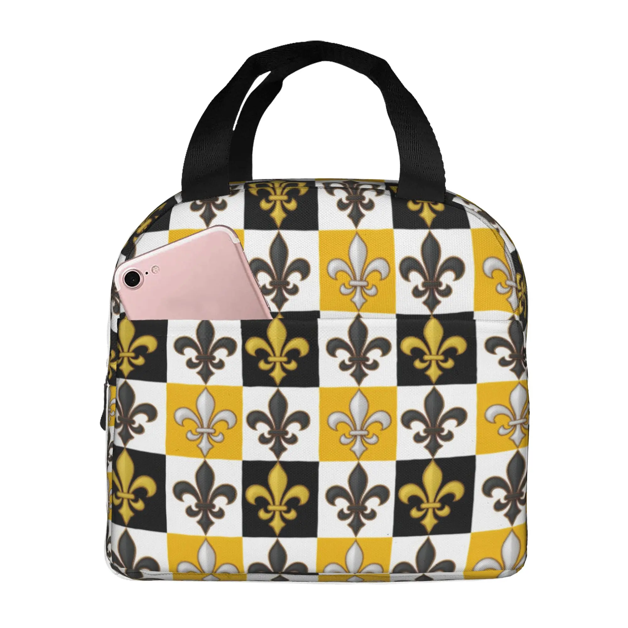 Yellow Black White Checkered Fleur De Lis Lunch Bag Men Women  Cooler Warm Insulated Lunch Boxes for Adult Office