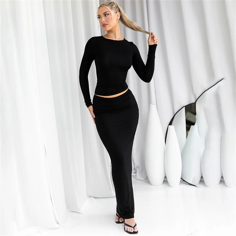 Sexy Mode Y 2K Vrouwen Herfst Rokken Outfits Effen Kleur Ronde Hals Lange Mouw Slim Fit T-Shirts Tops Lange Rokken Kleding Set