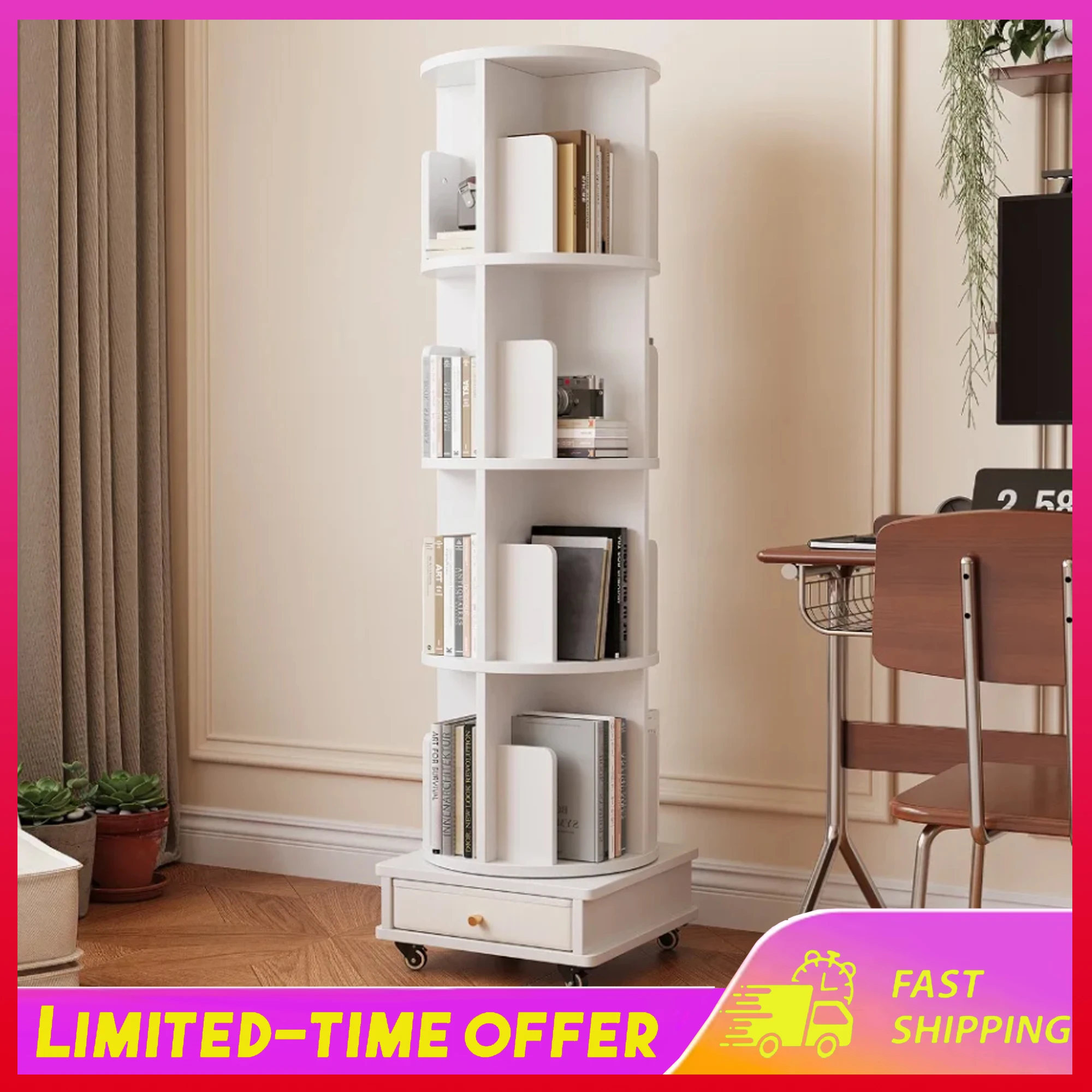 Wood Rotating Bookshelf 360 Degree Floor Standing Bookcase Storage Rack Corner Children Narrow Shelf Cabinet Furniture