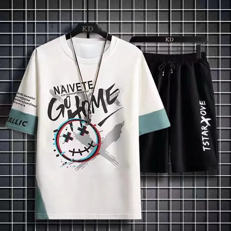 

2025 Stylish Thin Mens Casual stop English printing Sports T-shirts+shorts Set Sportswear Lightweight Outfit for Men tracksuits