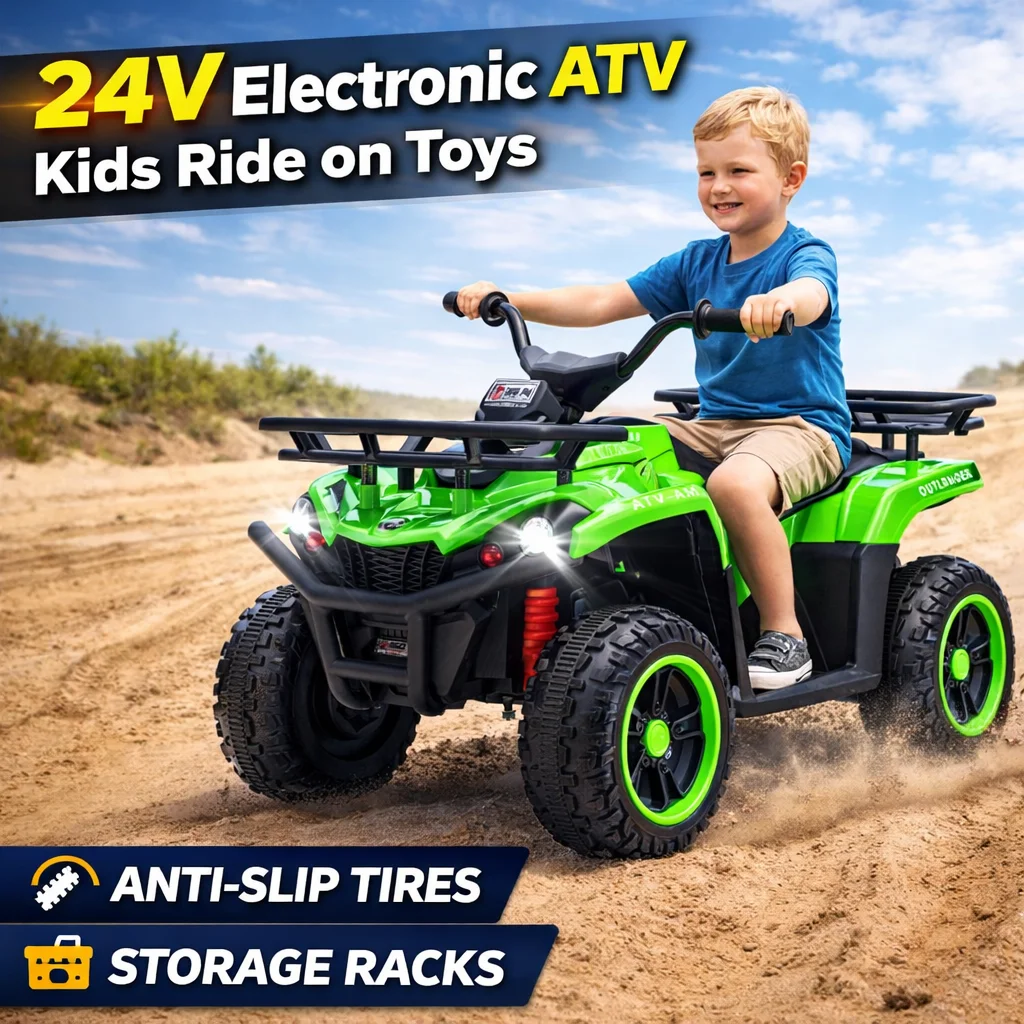 

Электрический квадроцикл 24В для детей с внедорожными шинами, передними и задними багажниками, индикатором заряда, для детей 3-5 лет