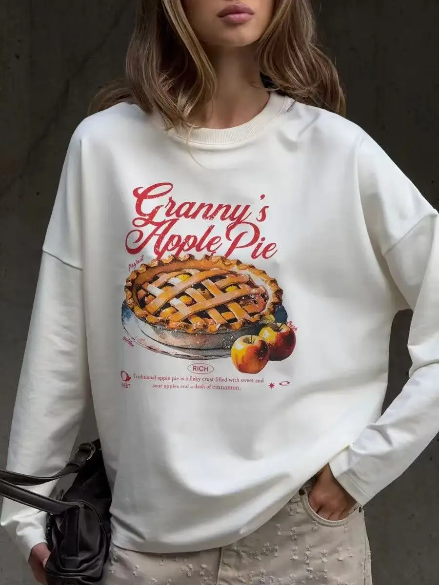 

Эстетическая уличная одежда для молодых женщин в стиле ретро, свободная белая блузка, милые футболки с длинными рукавами и принтом хлеба, топы Kawaii