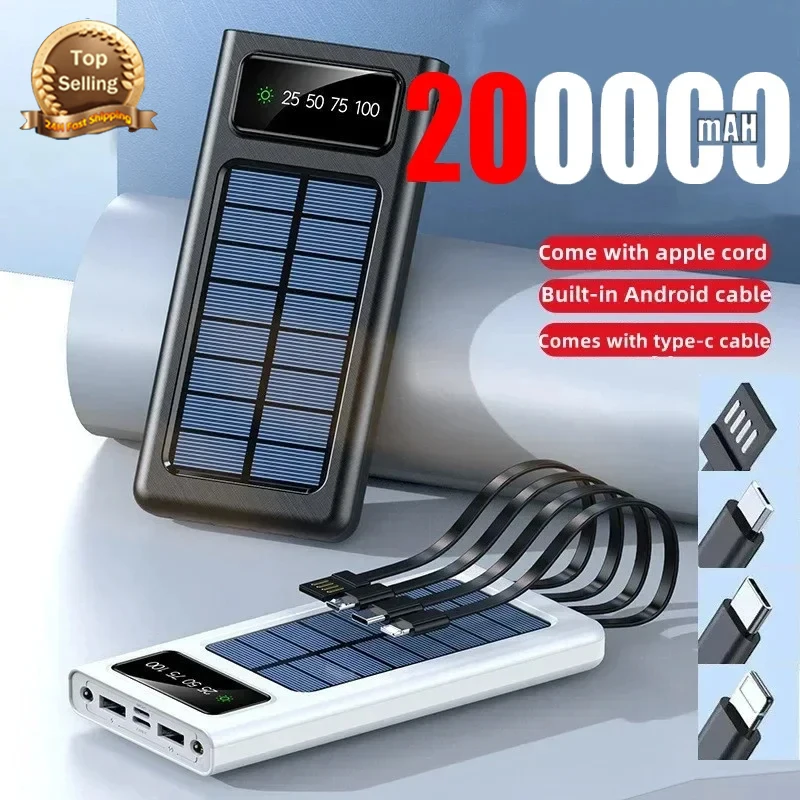 

200000mAh Solar Power Bank Built Cables 120W Super Fast Charging USB Ports Charger Power Bank For iphone Samsung With LED Light