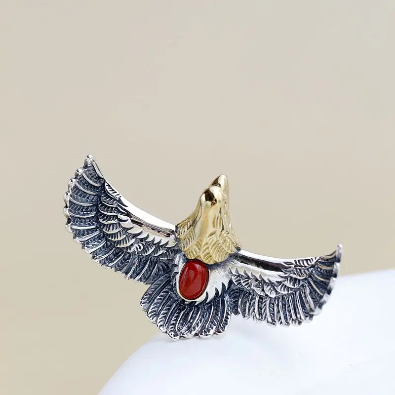 

Authentic 925 Sterling Silver Ring IInlaid Natural Red Agate Creative Flying Eagle Retro Style Rings Fashio Tide Flow Jewelry