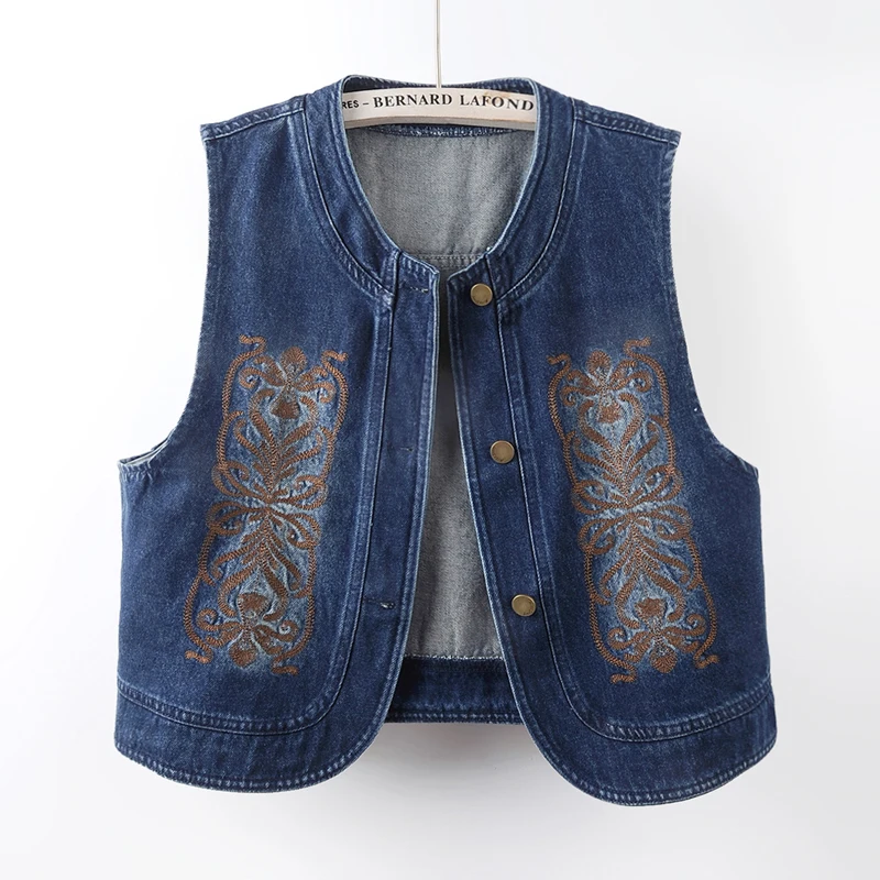 

Summer Vintage Flower Embroidery Short Denim Vest Khaki Army Green Women Casual V-Neck Sleeveless Jeans Cardigan Coat Waistcoat
