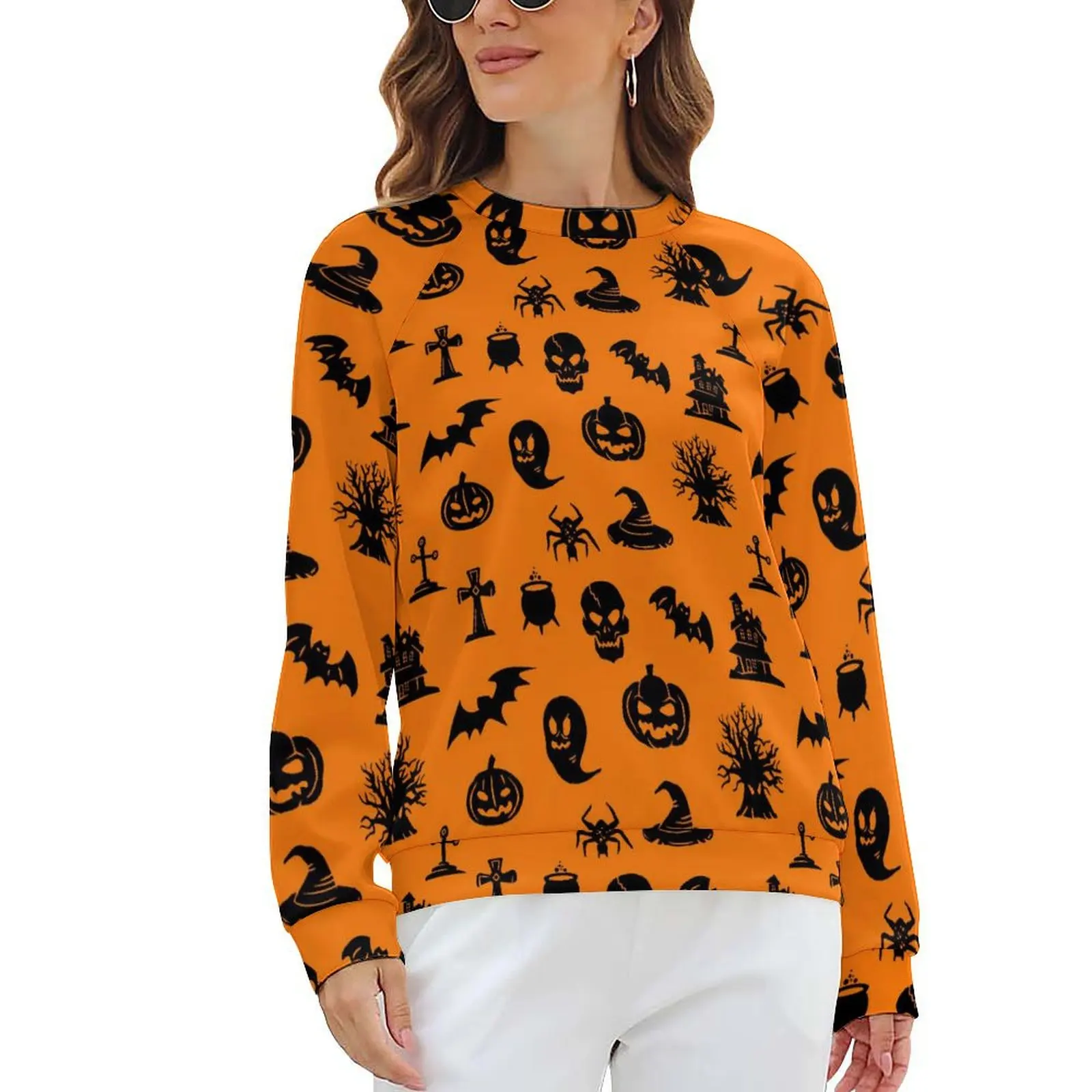 Happy Haunts Hoodies Female Halloween Print Street Style Casual Hoodie Long Sleeve Kawaii Pattern Clothes Big Size