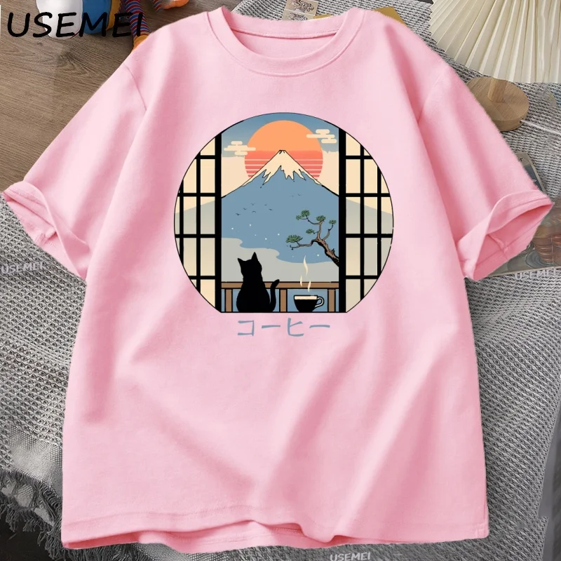 تي شيرت Coffee Cat in Mt Fuji تي شيرت نسائي برقبة دائرية وأكمام قصيرة تي شيرت مطبوع على الطراز الياباني تي شيرت كبير الحجم