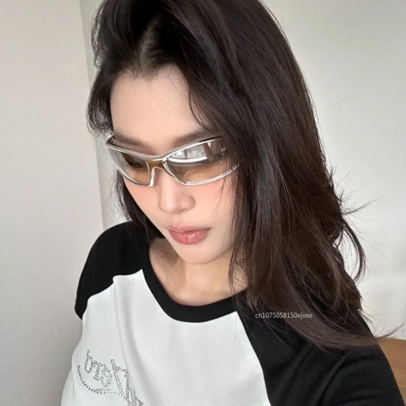 Y2K серебряные солнцезащитные очки для мужчин и женщин в стиле ретро, панк, велосипедные солнцезащитные очки «кошачий глаз», зеркальные модные очки, спортивные солнцезащитные очки в стиле ретро, панк