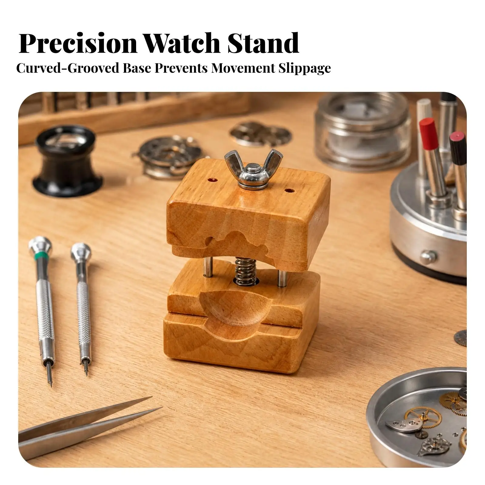Watch Case Opening Vise Wooden Bench Clamp for Hobbyist Watchmaker with Adjustable Metal Thread Screw and Spring