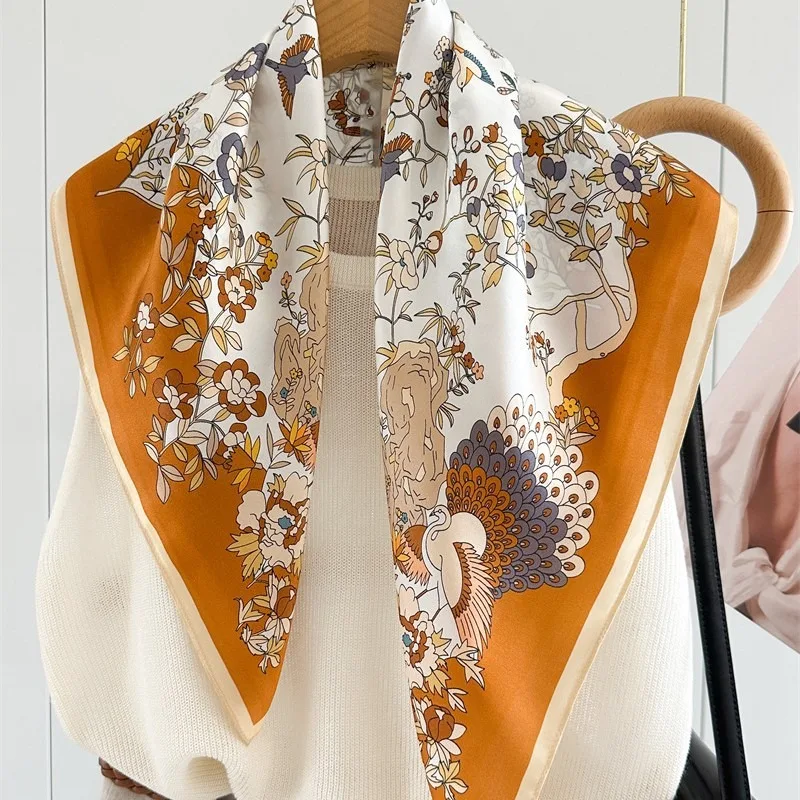 65x65cm 100% MULBERRY SILK Satin Square Scarf Women Vintage Peacock Floral Bird Print Neck Scarf Border Bandana Head Shawl