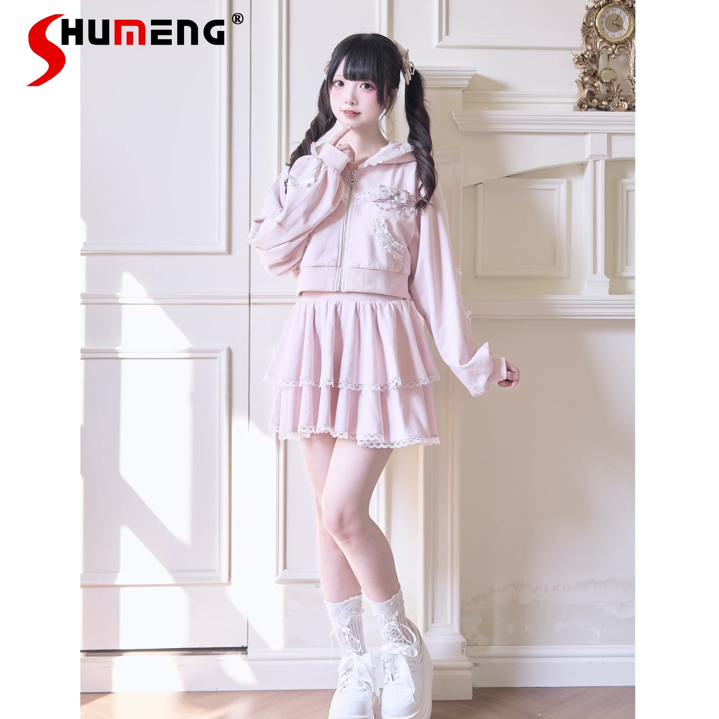 

Japanese Mine Style Subculture Sports Suit Lace Bow Zipper Short Sweatshirts High Waist Sweatpants Two-piece Sets Women Spring